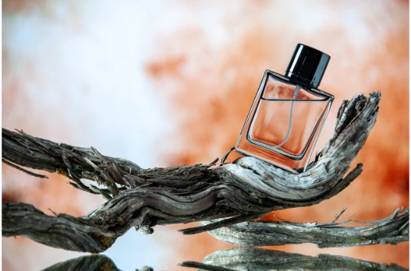vista-frontal-de-la-botella-de-colonia-en-la-rama-de-un-arbol-podrido-sobre-fondo-beige-borroso (1) Frasco de perfume sobre la rama de un árbol